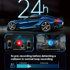 4K Ultra HD 3-Channel Car Recorder 2K1080P1080P inside front and rear 3.19-inch IPS screen Super Night Vision Built-in 5G WiFi and GPS Rear Camera Mirror Flip Function 24-Hour Parking Mode