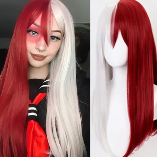 Kaneles Half Black Half Green Wig Long Straight Hair with Bangs Cosplay Natural Wavy Wig for Girls Cosplay Party Show Halloween Wigs