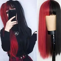 Kaneles Half Black Half Green Wig Long Straight Hair with Bangs Cosplay Natural Wavy Wig for Girls Cosplay Party Show Halloween Wigs