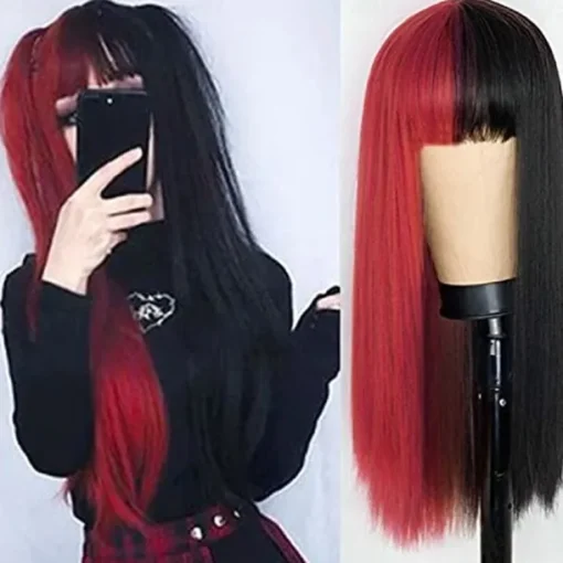 Kaneles Half Black Half Green Wig Long Straight Hair with Bangs Cosplay Natural Wavy Wig for Girls Cosplay Party Show Halloween Wigs
