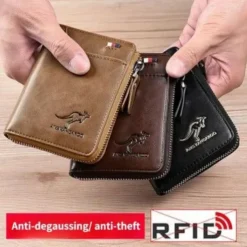 Kangaroo Men's RFID Blocking PU Leather Wallet with Zipper, Multi-Slot Credit Card Holder, Business Purse