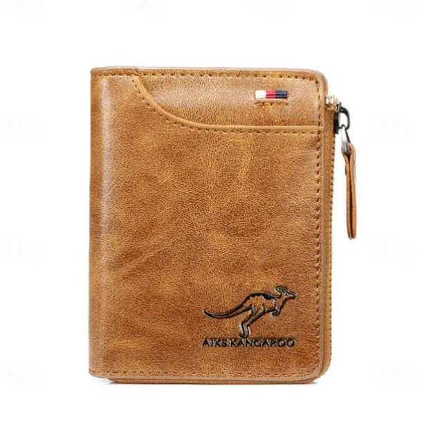 Kangaroo Men's RFID Blocking PU Leather Wallet with Zipper, Multi-Slot Credit Card Holder, Business Purse
