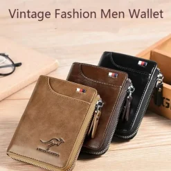 Kangaroo Men's RFID Blocking PU Leather Wallet with Zipper, Multi-Slot Credit Card Holder, Business Purse