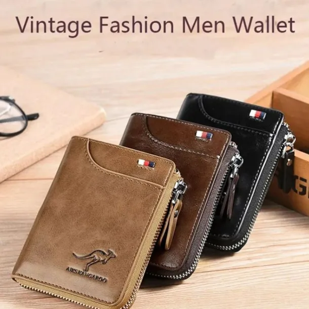 Kangaroo Men's RFID Blocking PU Leather Wallet with Zipper, Multi-Slot Credit Card Holder, Business Purse