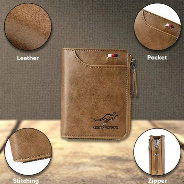 Kangaroo Men's RFID Blocking PU Leather Wallet with Zipper, Multi-Slot Credit Card Holder, Business Purse