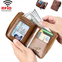 Kangaroo Men's RFID Blocking PU Leather Wallet with Zipper, Multi-Slot Credit Card Holder, Business Purse