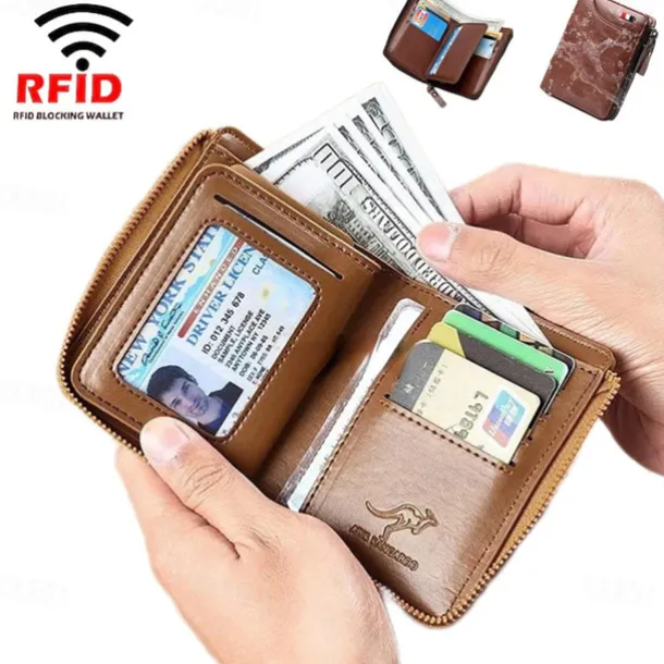 Kangaroo Men's RFID Blocking PU Leather Wallet with Zipper, Multi-Slot Credit Card Holder, Business Purse