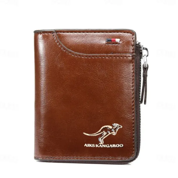 Kangaroo Men's RFID Blocking PU Leather Wallet with Zipper, Multi-Slot Credit Card Holder, Business Purse
