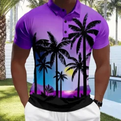 Kentucky Derby Men's Hawaiian Polo Shirts Golf Shirt Short Sleeve Polo Shirts Collared Shirts Beach Wear Vacation Wear Tropical Wear Party Outfits Buttons 3D Print Spring & Summer Purple