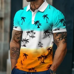 Kentucky Derby Men's Palm Tree Hawaiian Polo Shirts Golf Shirt Short Sleeve Polo Shirts Collared Shirts Casual Beach Wear Vacation Wear Tropical Wear Party Outfits Buttons 3D Print Summer Blue Green