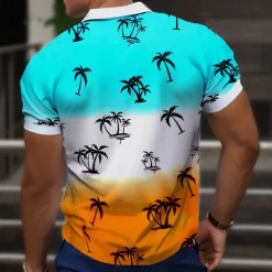 Kentucky Derby Men's Palm Tree Hawaiian Polo Shirts Golf Shirt Short Sleeve Polo Shirts Collared Shirts Casual Beach Wear Vacation Wear Tropical Wear Party Outfits Buttons 3D Print Summer Blue Green