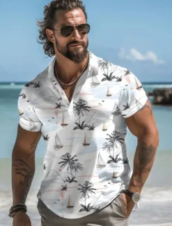 Kentucky Derby Men's Palm Tree Hawaiian Polo Shirts Golf Shirt Short Sleeve Polo Shirts Collared Shirts Casual Beach Wear Vacation Wear Tropical Wear Party Outfits Buttons 3D Print Summer White Pink