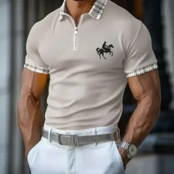 Kentucky Derby Men's Plaid Zip Polo Shirts Golf Shirt Short Sleeve Polo Shirts Collared Shirts Business Casual WorkWear Formal Wear Festival Wear 3D Print Quarter Zip Polo Spring & Summer Gray
