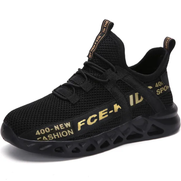 Kids' Black Breathable Mesh Running Sneakers with Lace-Up Design and Bold Letter Print - Comfortable Athletic Shoes for Boys