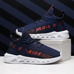 Kids' Black Breathable Mesh Running Sneakers with Lace-Up Design and Bold Letter Print - Comfortable Athletic Shoes for Boys