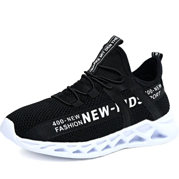 Kids' Black Breathable Mesh Running Sneakers with Lace-Up Design and Bold Letter Print - Comfortable Athletic Shoes for Boys