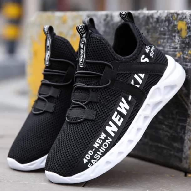 Kids' Black Breathable Mesh Running Sneakers with Lace-Up Design and Bold Letter Print - Comfortable Athletic Shoes for Boys