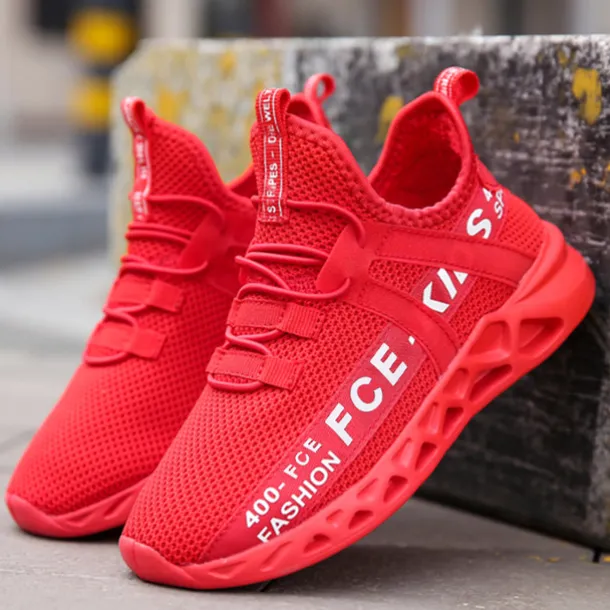 Kids' Black Breathable Mesh Running Sneakers with Lace-Up Design and Bold Letter Print - Comfortable Athletic Shoes for Boys