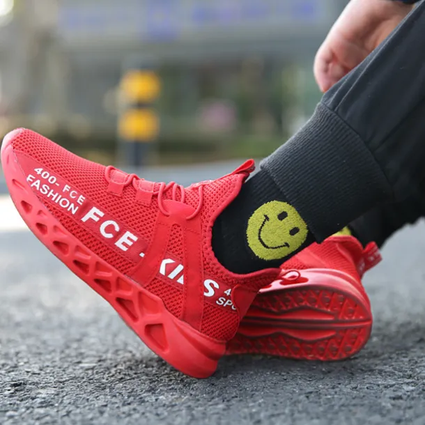 Kids' Black Breathable Mesh Running Sneakers with Lace-Up Design and Bold Letter Print - Comfortable Athletic Shoes for Boys