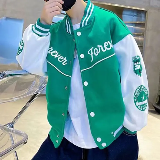 Kids Boys Baseball Jackets Outerwear Color Block Letter Stripe Long Sleeve Pocket Coat School Sports Fashion Streetwear Black Green Fall Winter 7-13 Years