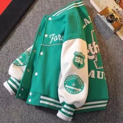 Kids Boys Baseball Jackets Outerwear Color Block Letter Stripe Long Sleeve Pocket Coat School Sports Fashion Streetwear Black Green Fall Winter 7-13 Years