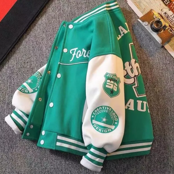 Kids Boys Baseball Jackets Outerwear Color Block Letter Stripe Long Sleeve Pocket Coat School Sports Fashion Streetwear Black Green Fall Winter 7-13 Years