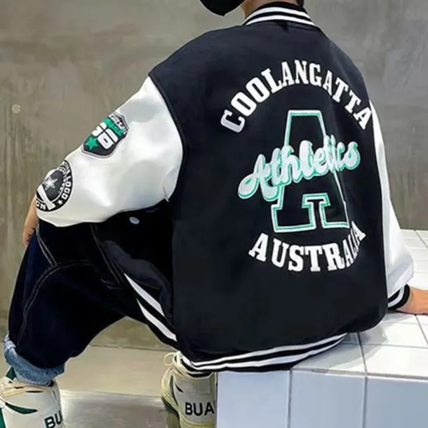Kids Boys Baseball Jackets Outerwear Color Block Letter Stripe Long Sleeve Pocket Coat School Sports Fashion Streetwear Black Green Fall Winter 7-13 Years