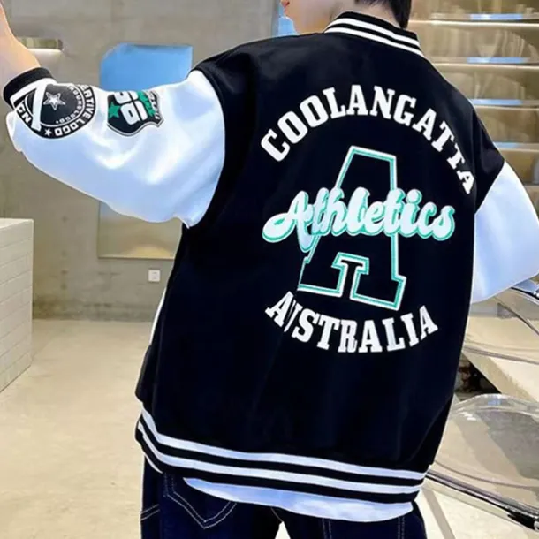 Kids Boys Baseball Jackets Outerwear Color Block Letter Stripe Long Sleeve Pocket Coat School Sports Fashion Streetwear Black Green Fall Winter 7-13 Years