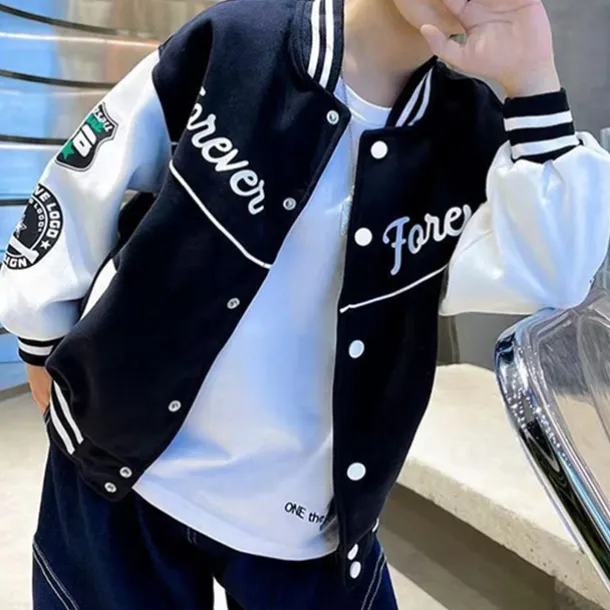 Kids Boys Baseball Jackets Outerwear Color Block Letter Stripe Long Sleeve Pocket Coat School Sports Fashion Streetwear Black Green Fall Winter 7-13 Years