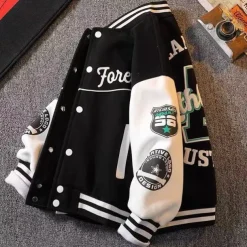 Kids Boys Baseball Jackets Outerwear Color Block Letter Stripe Long Sleeve Pocket Coat School Sports Fashion Streetwear Black Green Fall Winter 7-13 Years