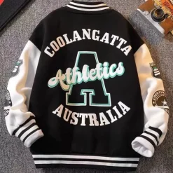 Kids Boys Baseball Jackets Outerwear Color Block Letter Stripe Long Sleeve Pocket Coat School Sports Fashion Streetwear Black Green Fall Winter 7-13 Years