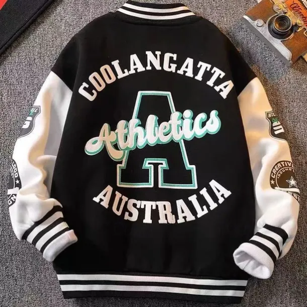 Kids Boys Baseball Jackets Outerwear Color Block Letter Stripe Long Sleeve Pocket Coat School Sports Fashion Streetwear Black Green Fall Winter 7-13 Years