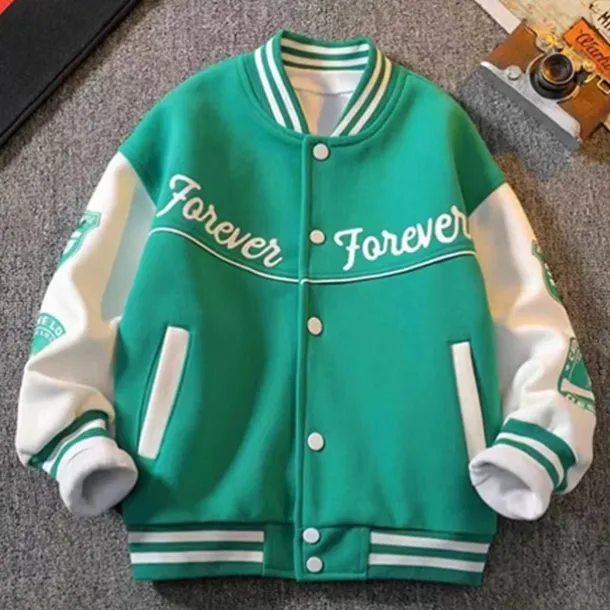 Kids Boys Baseball Jackets Outerwear Color Block Letter Stripe Long Sleeve Pocket Coat School Sports Fashion Streetwear Black Green Fall Winter 7-13 Years