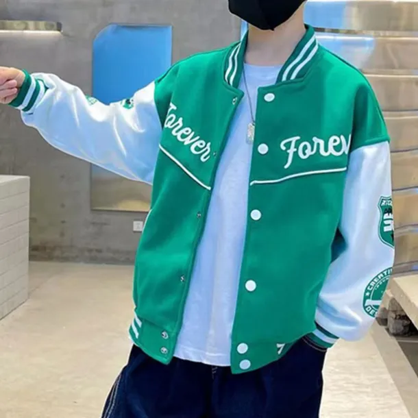 Kids Boys Baseball Jackets Outerwear Color Block Letter Stripe Long Sleeve Pocket Coat School Sports Fashion Streetwear Black Green Fall Winter 7-13 Years