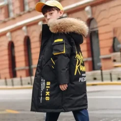 Kids Boys Down Coat Outerwear Letter Long Sleeve Coat Outdoor Cool Black Yellow Wine Winter Fall 7-13 Years