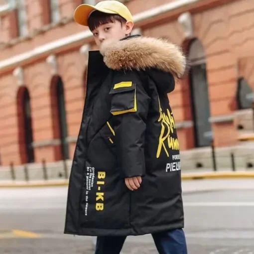 Kids Boys Down Coat Outerwear Letter Long Sleeve Coat Outdoor Cool Black Yellow Wine Winter Fall 7-13 Years