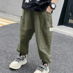 Kids Boys Pants Trousers Solid Color Soft Pants Casual Linen Fashion Daily ArmyGreen Black Blue Mid Waist