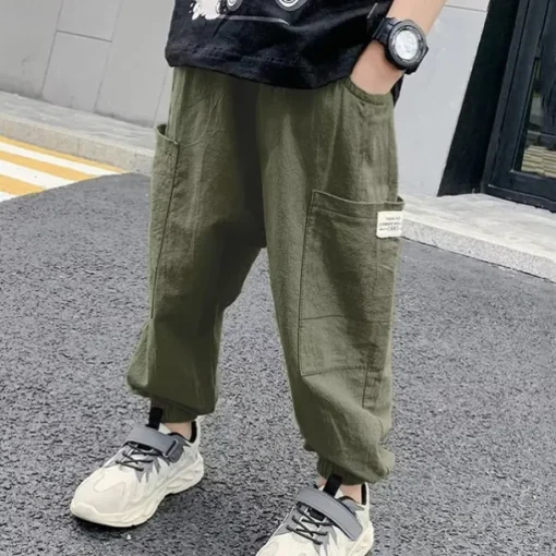 Kids Boys Pants Trousers Solid Color Soft Pants Casual Linen Fashion Daily ArmyGreen Black Blue Mid Waist
