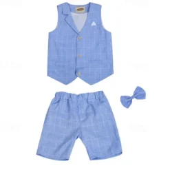 Kids Boys Suit Vest Shorts Set Clothing Set 3 Pieces Sleeveless Blue Gray Pink Plaid Formal Birthday Gentle Preppy Style 4-13 Years