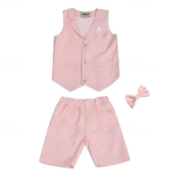 Kids Boys Suit Vest Shorts Set Clothing Set 3 Pieces Sleeveless Blue Gray Pink Plaid Formal Birthday Gentle Preppy Style 4-13 Years