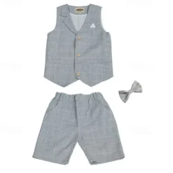 Kids Boys Suit Vest Shorts Set Clothing Set 3 Pieces Sleeveless Blue Gray Pink Plaid Formal Birthday Gentle Preppy Style 4-13 Years