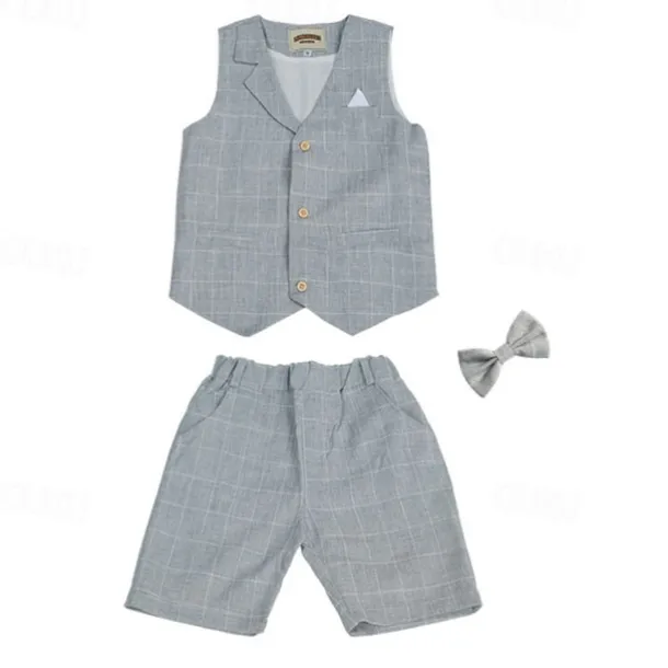 Kids Boys Suit Vest Shorts Set Clothing Set 3 Pieces Sleeveless Blue Gray Pink Plaid Formal Birthday Gentle Preppy Style 4-13 Years