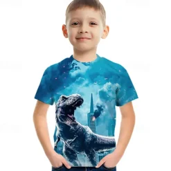 Kids Boys T shirt Tee Graphic Dinosaur Astronaut Short Sleeve Crewneck Children Top Outdoor 3D Print Sports Fashion Cool Summer Black 3-12 Years