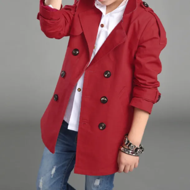 Kids Boys Trench Coat Outwear Long Sleeve Windproof Plain Winter Basic Daily Coat 4-13 Years Black Khaki Red