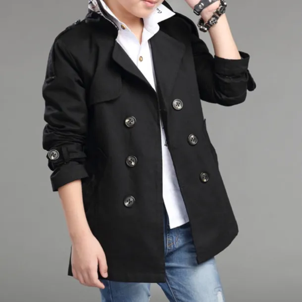 Kids Boys Trench Coat Outwear Long Sleeve Windproof Plain Winter Basic Daily Coat 4-13 Years Black Khaki Red