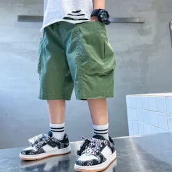 Kids Cargo Short Pants Boys Sports Pants Big Children Hip Hop Joggers Shorts Teenage High Waist Thin Streetwear Baggy Shorts