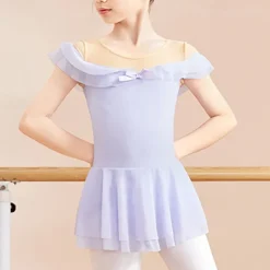 Kids' Dancewear Ballet Dress Bowknot Ruffles Pure Color Girls' Performance Training Short Sleeve High Cotton Blend