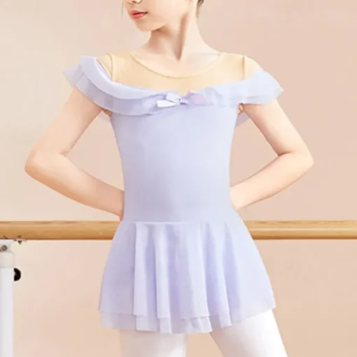 Kids' Dancewear Ballet Dress Bowknot Ruffles Pure Color Girls' Performance Training Short Sleeve High Cotton Blend