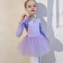 Kids' Dancewear Ballet Dress Bowknot Lace Solid Girls' Training Performance Long Sleeve High Cotton Blend Tulle
