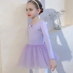 Kids' Dancewear Ballet Dress Bowknot Lace Solid Girls' Training Performance Long Sleeve High Cotton Blend Tulle